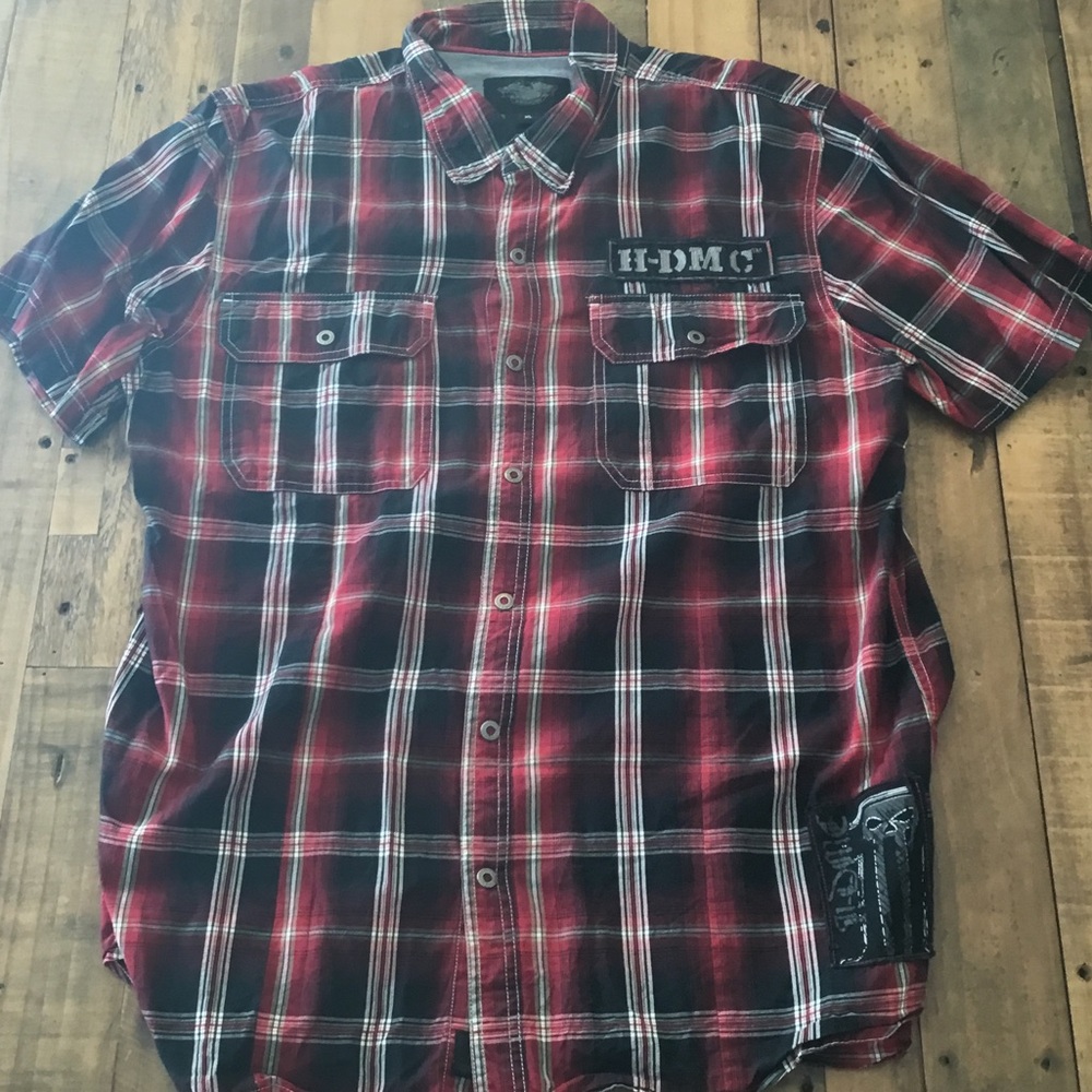 Harley-Davidson Red and Black Plaid Short Sleeve Button-Down